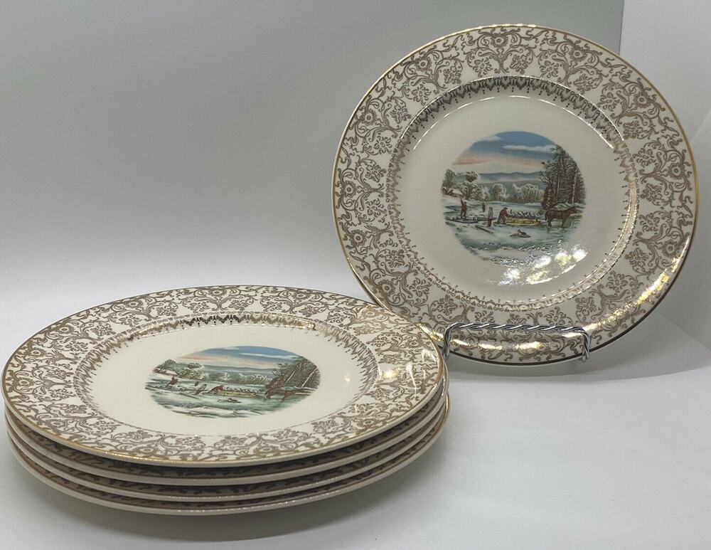 Set of 5 Salem Lunch Plates ~ Winter Scene ~ 23 Karat Gold Trim ~ 7 1/4" Dia.